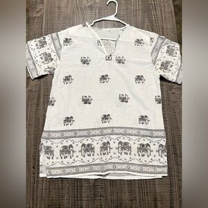 The Elephant Store Original Elephant White Shirt Top w Black Elephant Patterns